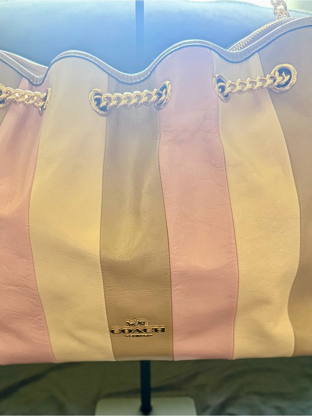 Coach Leather Striped Tote in Pink, Cream & Tan with Gold Chain